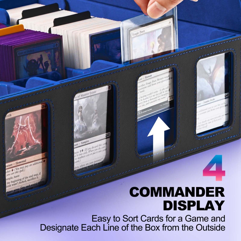 UAONO Trading Card Storage Box with Commander Display; 2400+ Deck Box for MTG with Removable Cover; Toploader Card Case fits Magic TCG PTCG Sports Cards; 24 Dividers  4 Stoppers (Black  Blue) - Image 2